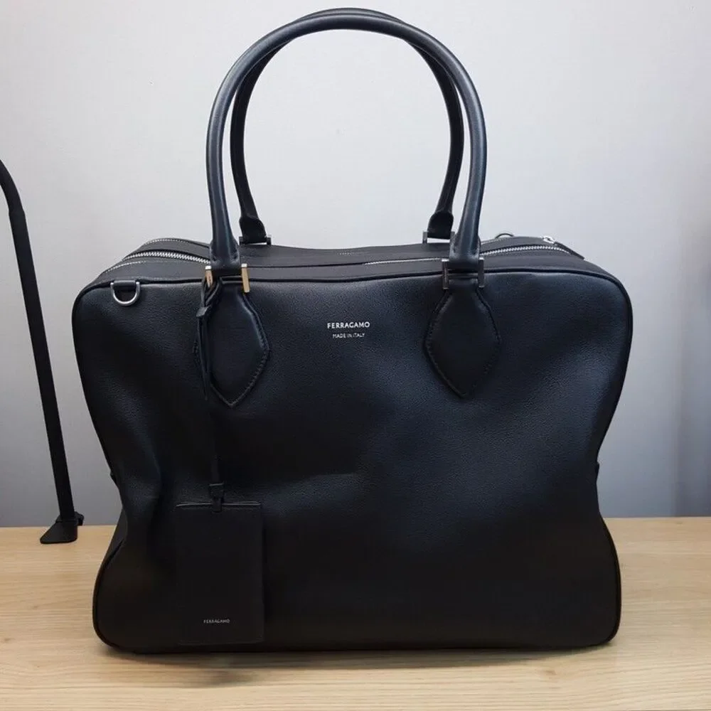 SALVATORE FERRAGAMO Mens Star Black Leather Triple Zip Tote Briefcase $3300